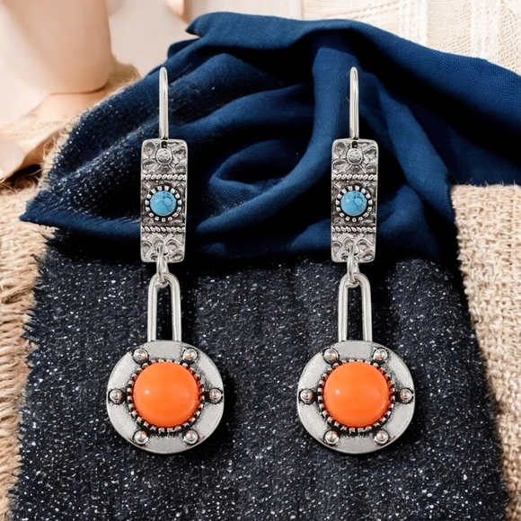 🆕️Vintage Style Boho Chic Drop Trendy Spring Earrings Orange Turquoise Accents - Picture 16 of 16